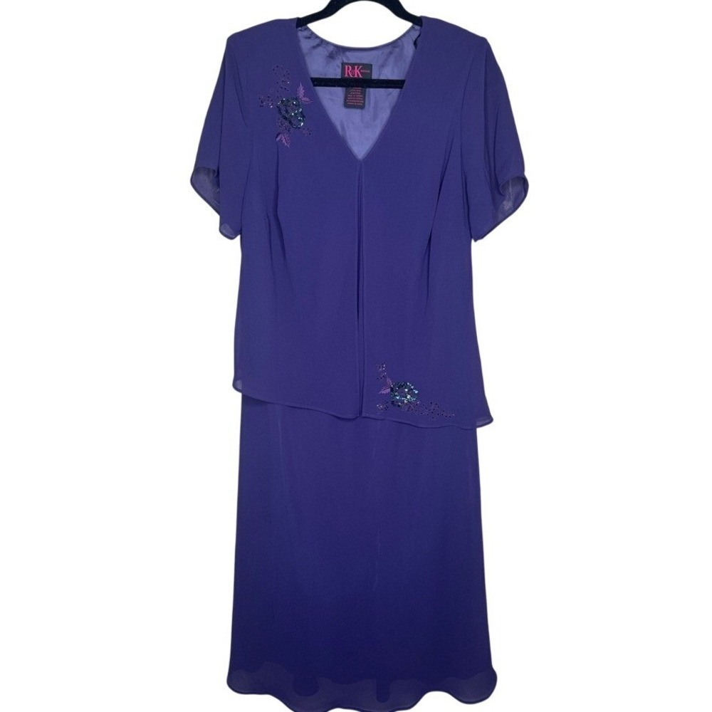 R&K Purple Layered Midi Dress 16W Sequin Floral Embroidery V-Neck Timeless Style